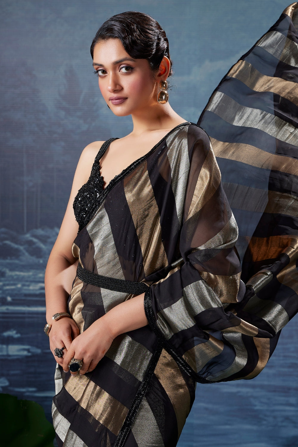 Black Organza Saree with Cutdana and Moti Work