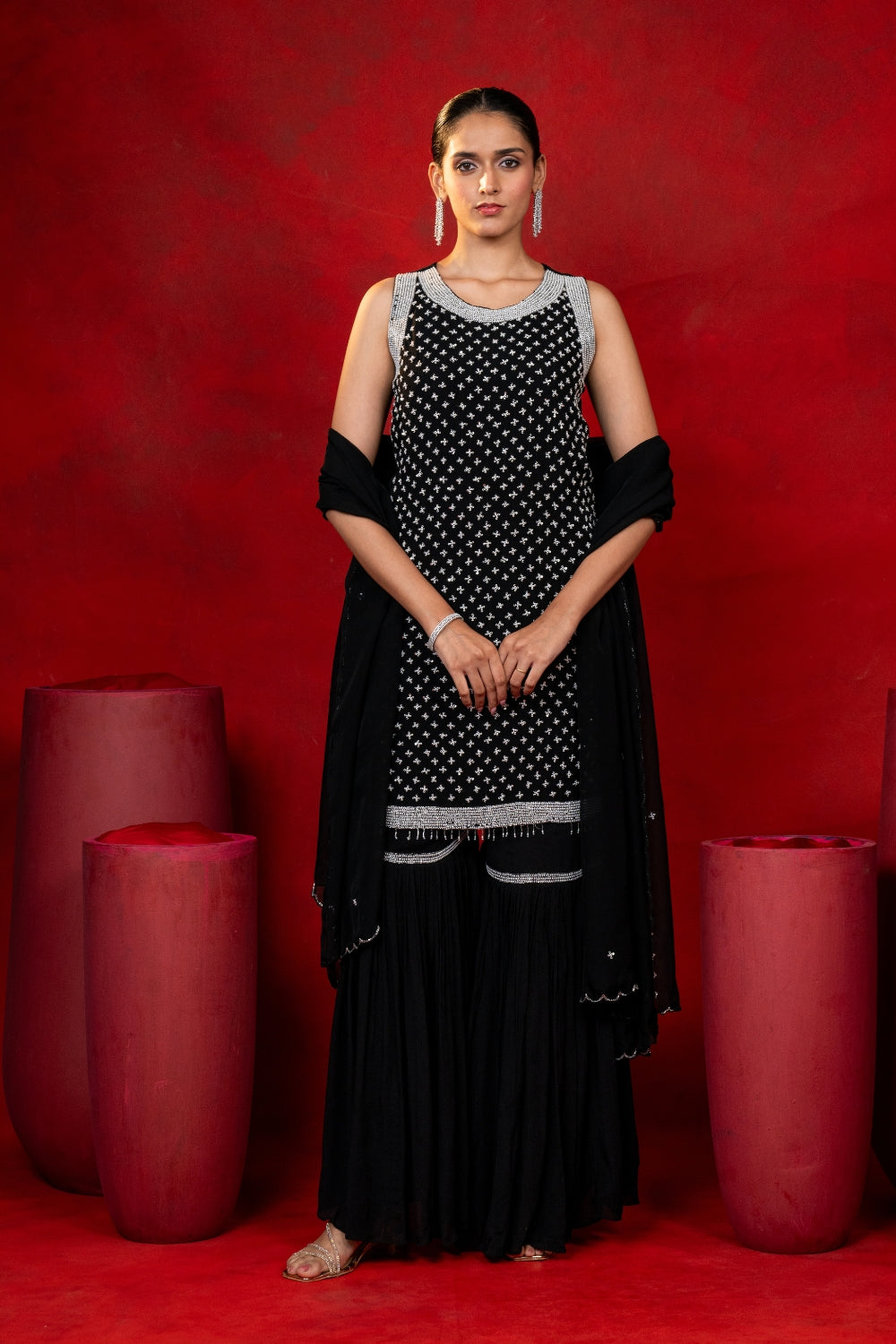 Black Organza Suit Set with Moti and Cutdana Work
