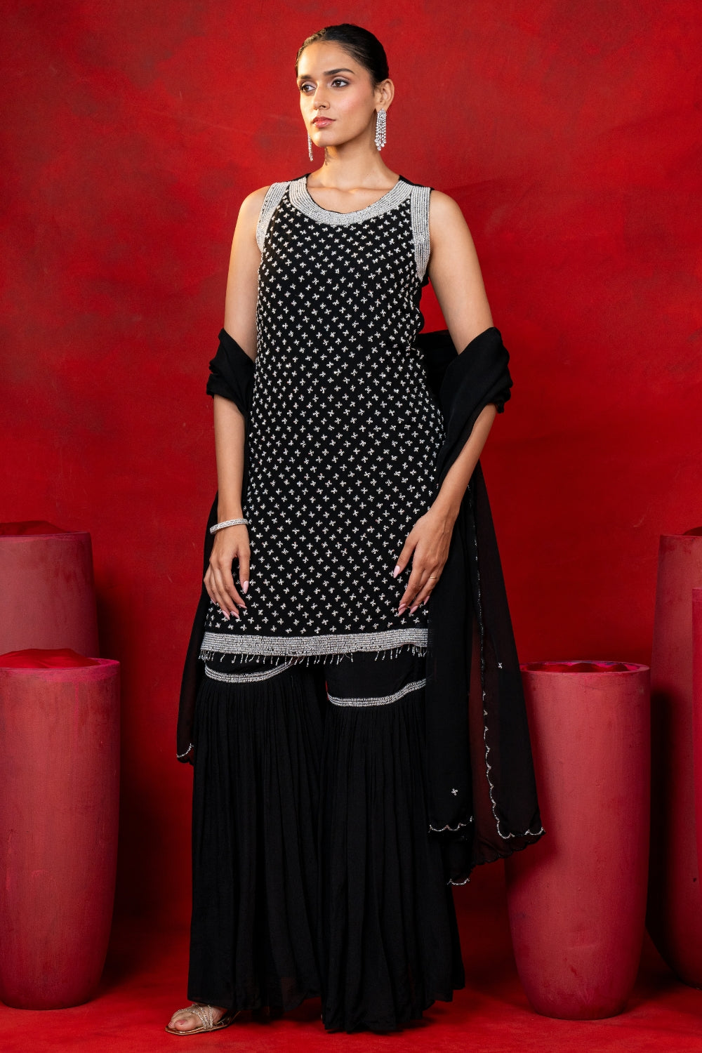 Black Organza Suit Set with Moti and Cutdana Work