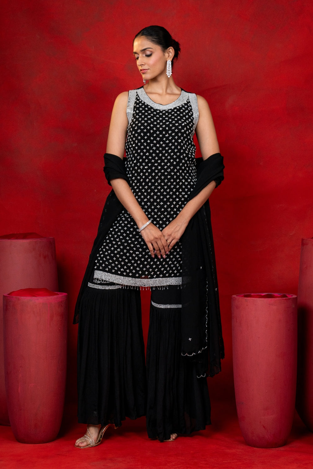 Black Organza Suit Set with Moti and Cutdana Work