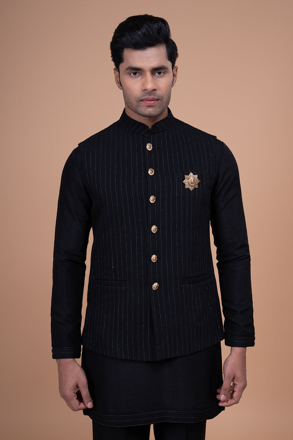 Black Pinstripe Nehru Jacket with Gold Buttons and Lion Crest Brooch.