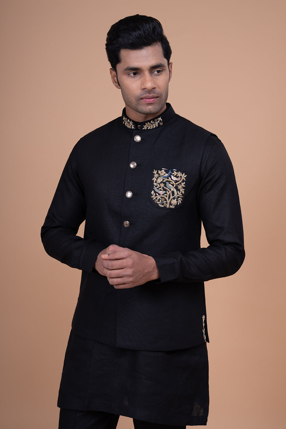 Raw Silk Nehru Jacket with Gold Zari Bird and Floral Chest Embroidery.