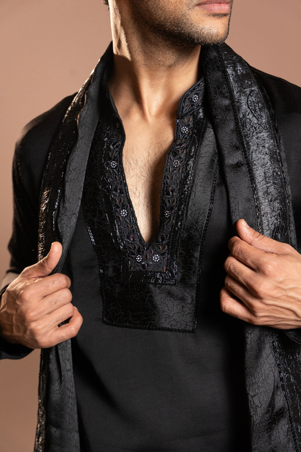 Black Satin Linen Kurta Set with Stone and Cutdana Work