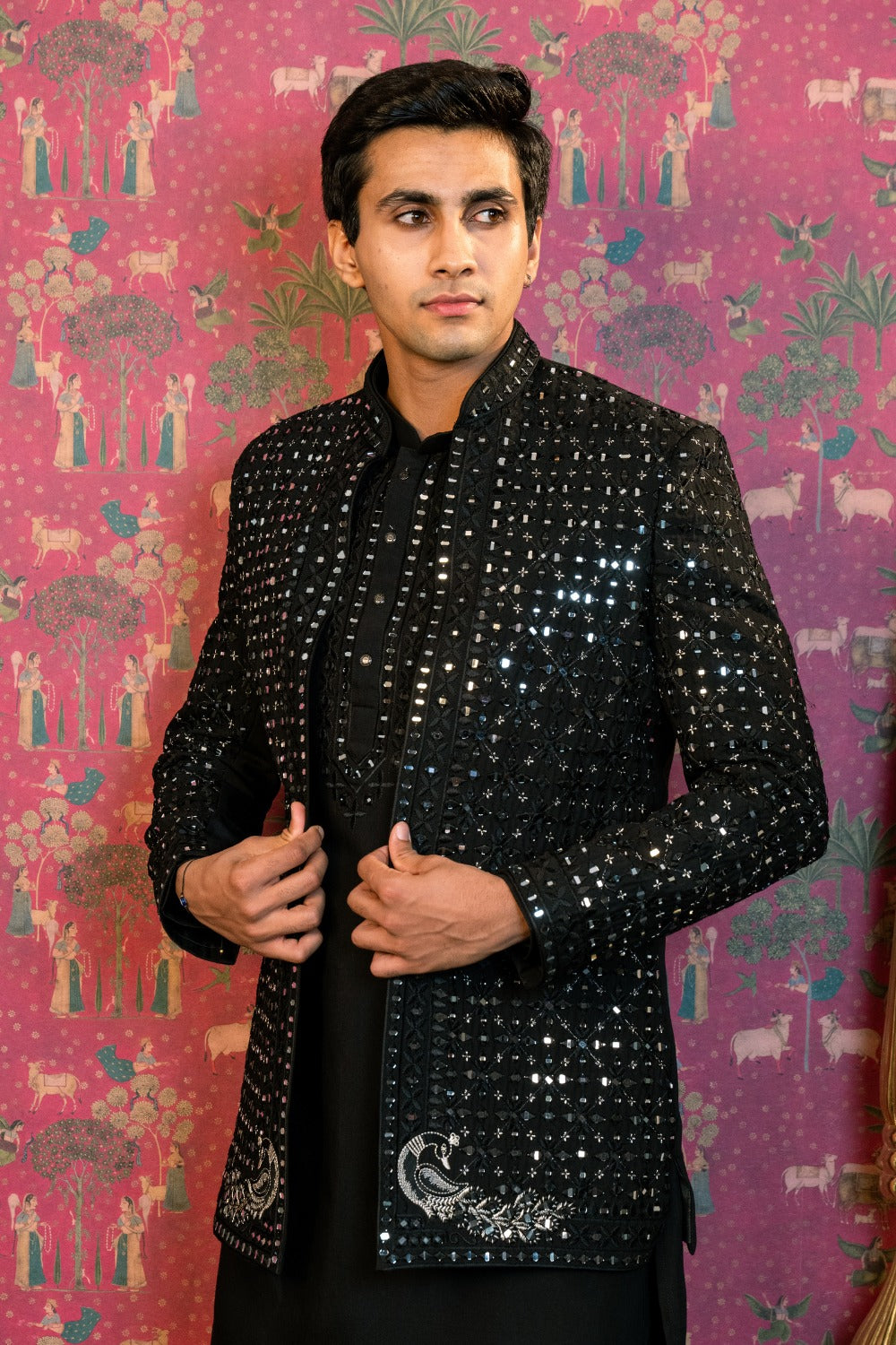 Black Satin Silk Indo Western Set with Mirror Embroidery