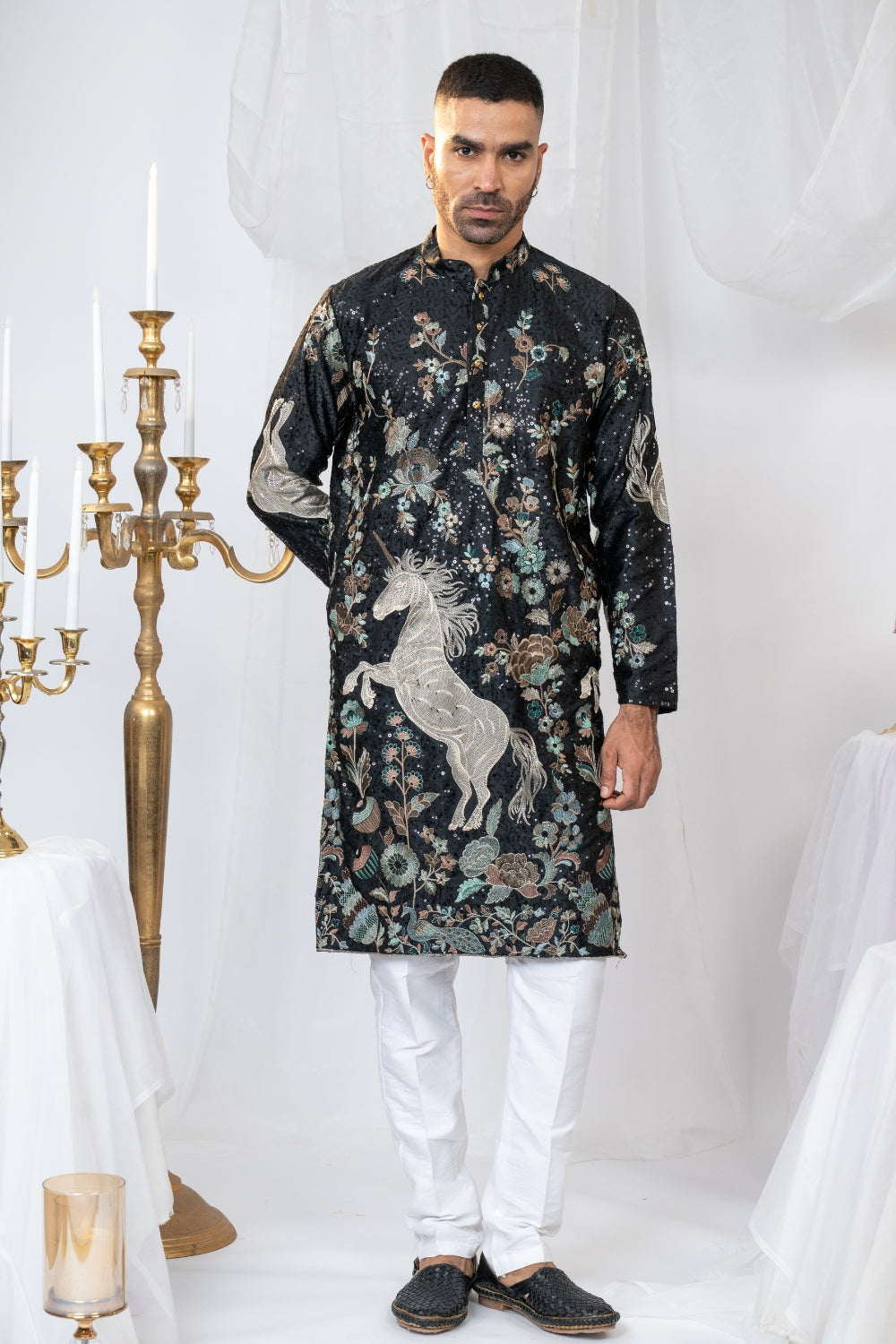 Black Semi Silk Kurta Set with Sequins and Resham Embroidery