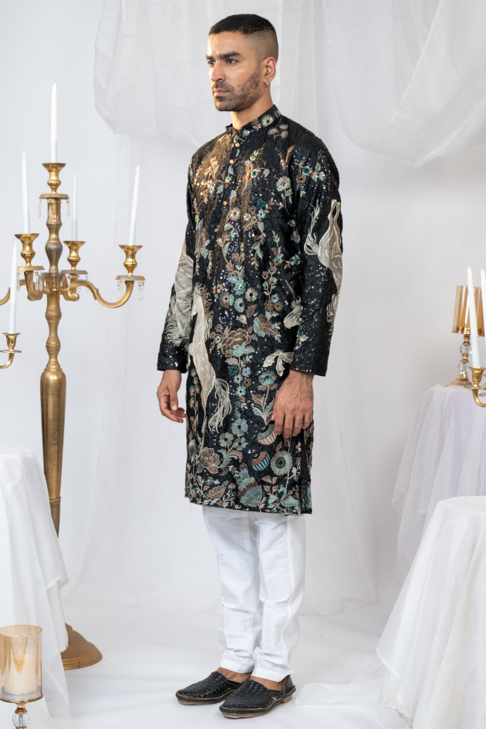 Black Semi Silk Kurta Set with Sequins and Resham Embroidery