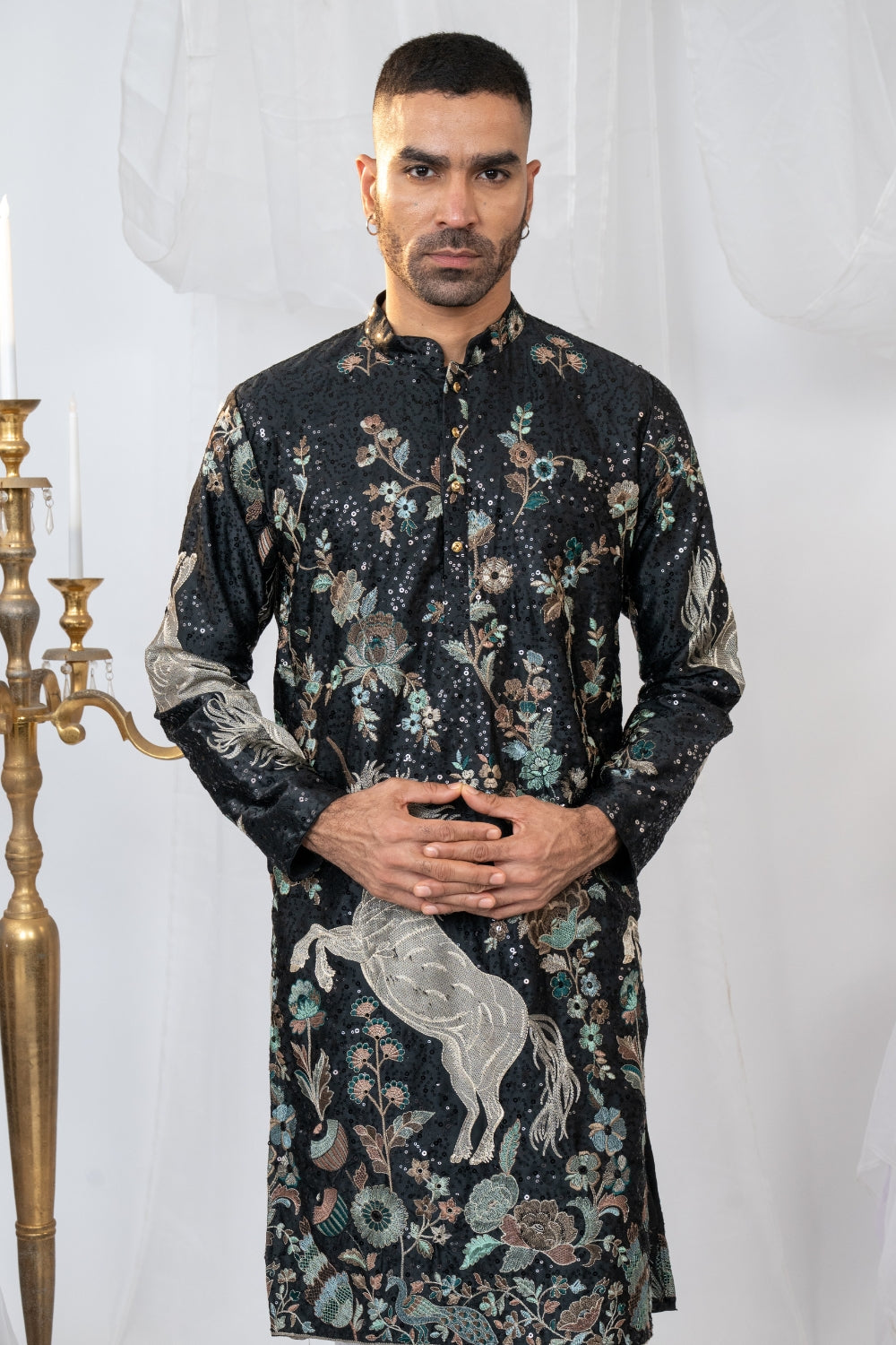 Black Semi Silk Kurta Set with Sequins and Resham Embroidery