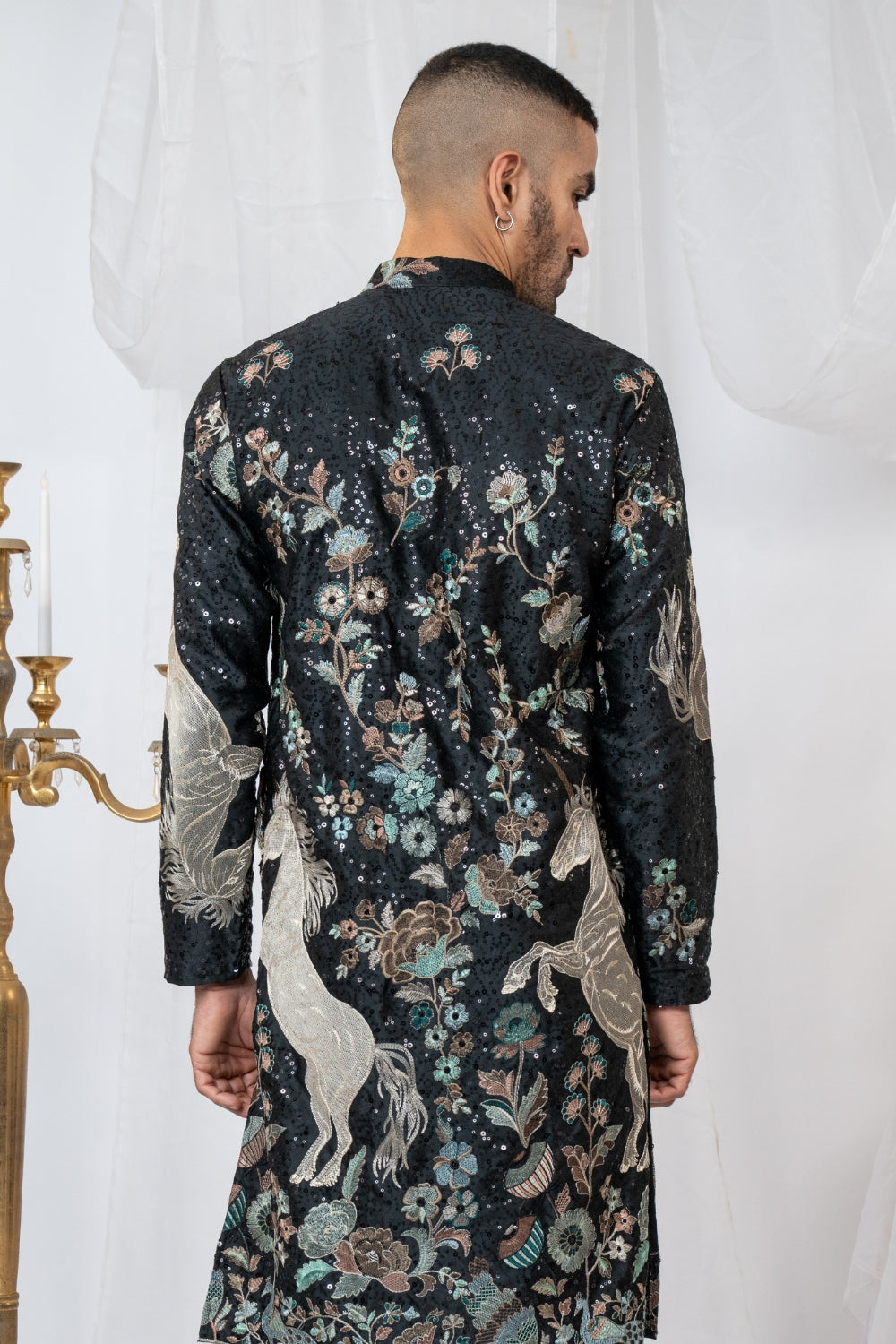 Black Semi Silk Kurta Set with Sequins and Resham Embroidery