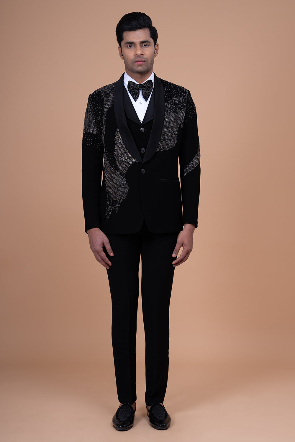 Black Shawl Lapel Velvet Tuxedo with Linear Stone and Bead Work