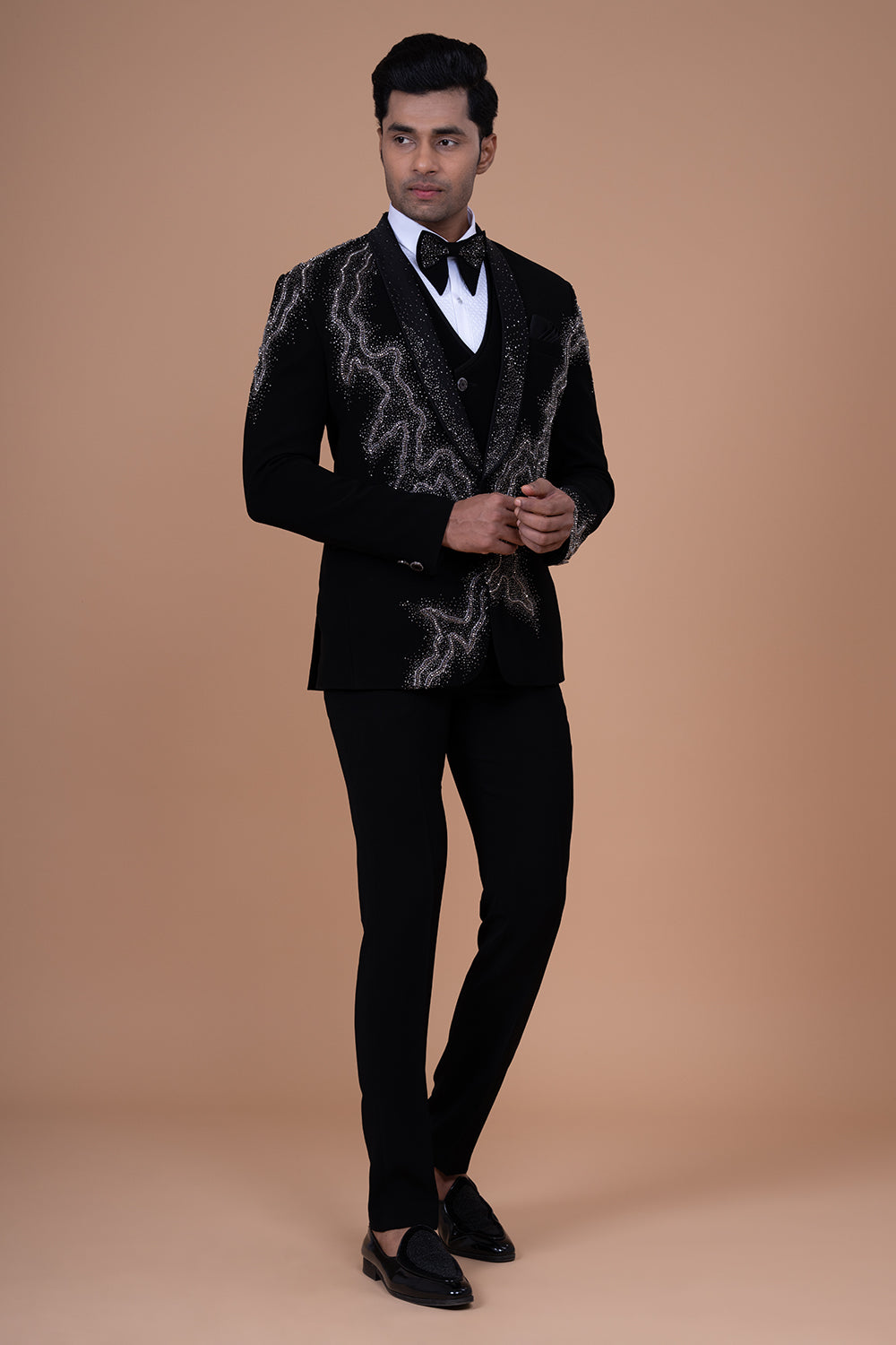 Black Shawl lapel Tuxedo with Silver Wave Pattern Crystal and Beads Hand Embroidery