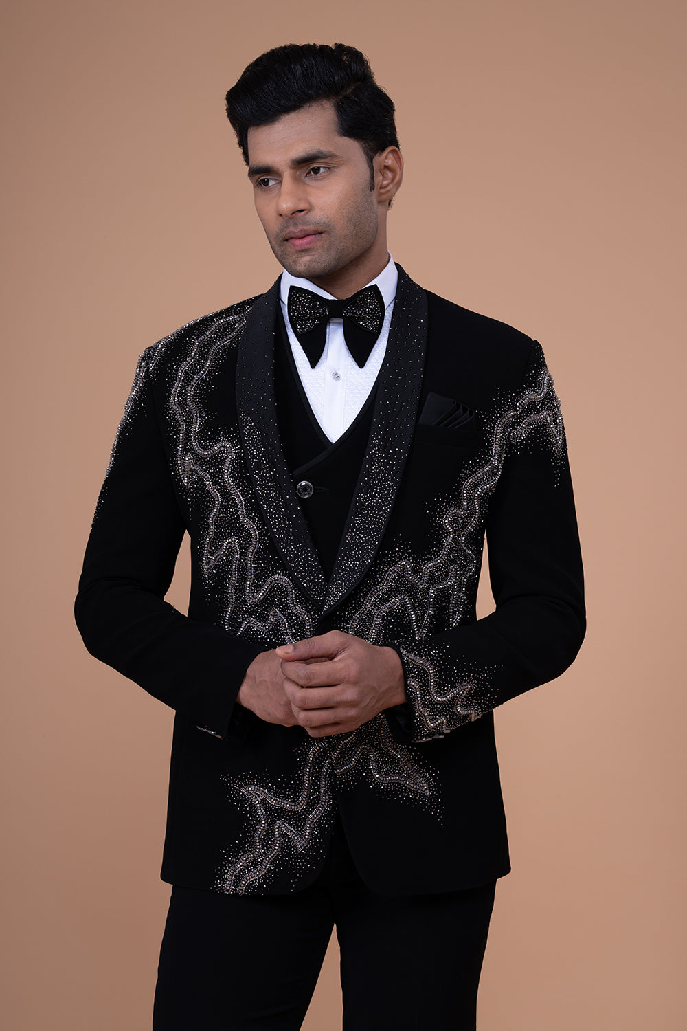 Black Shawl lapel Tuxedo with Silver Wave Pattern Crystal and Beads Hand Embroidery