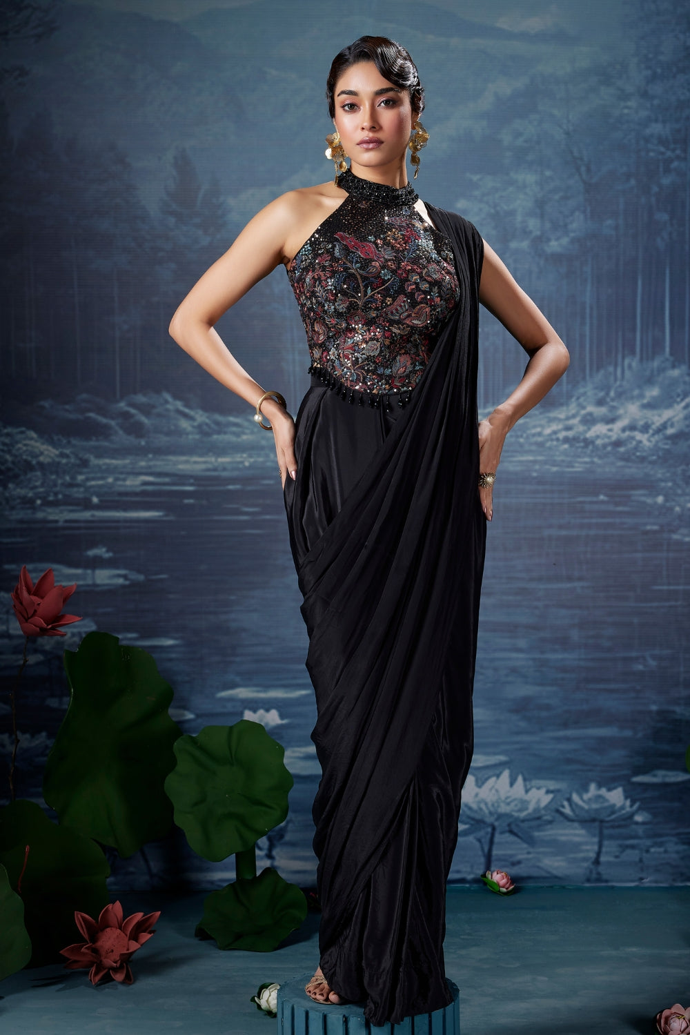 Black Silk Drape Saree with Thread and Sequins