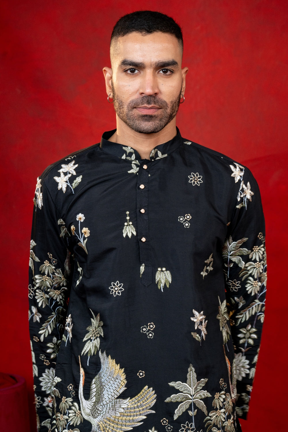 Black Silk Embroidered Kurta Set