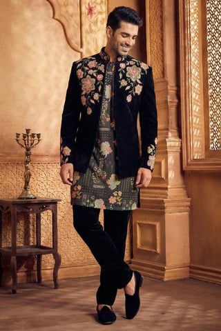 Black Silk Indo Westren With Moti And Resham Embroidery Work