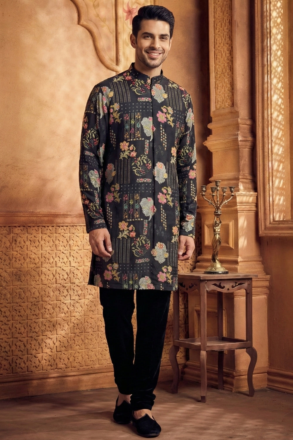 Black Silk Indo Westren with Moti and Resham Embroidery Work