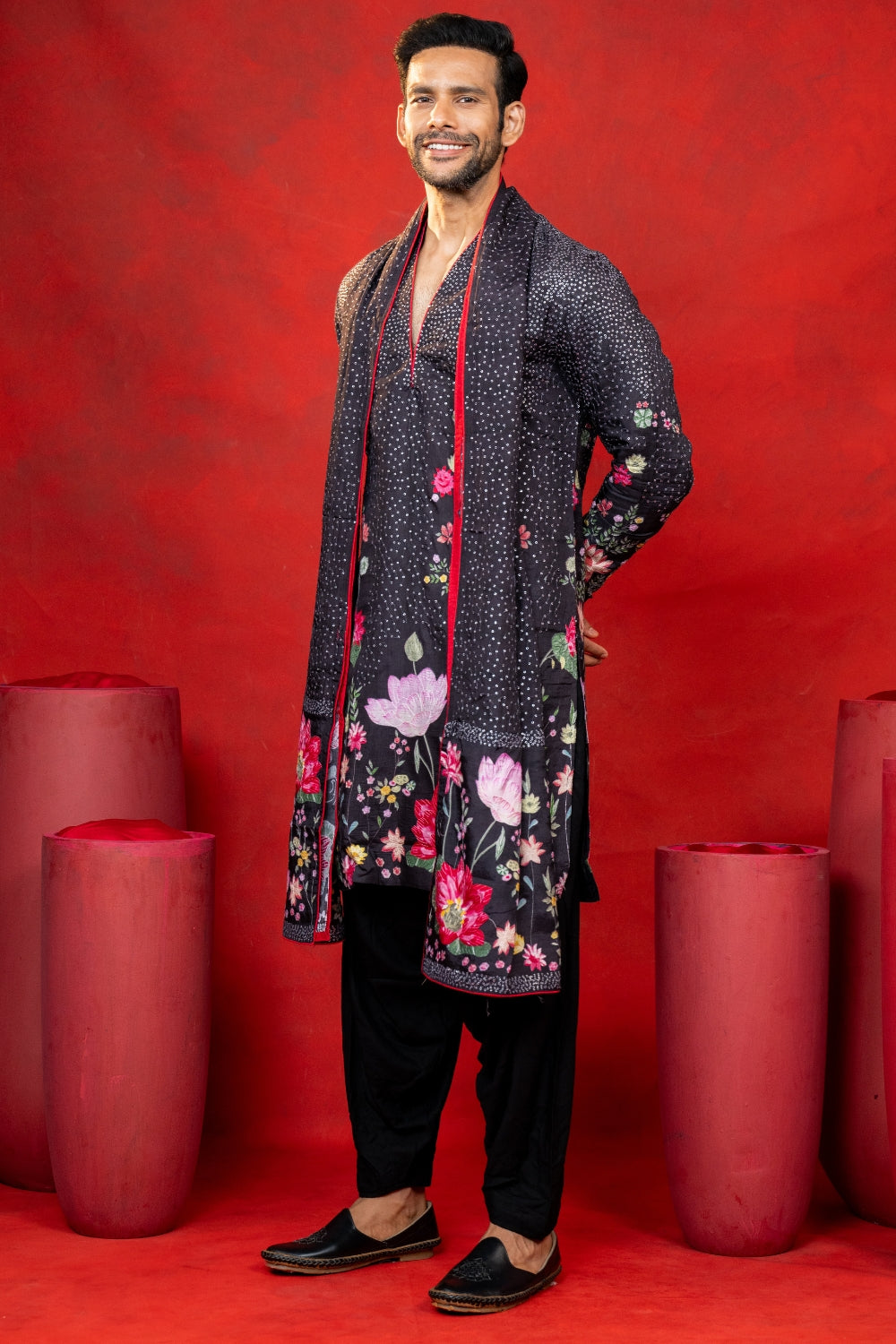 Black Silk Printed Kurta Set with Sequins Work
