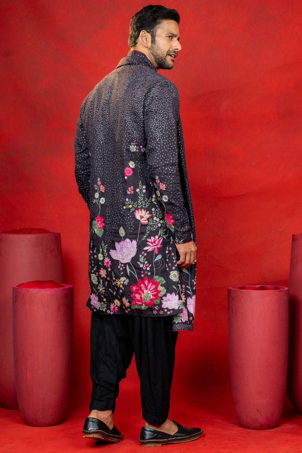 Black Silk Printed Kurta Set with Sequins Work