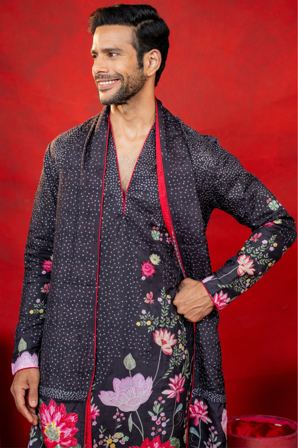 Black Silk Printed Kurta Set with Sequins Work