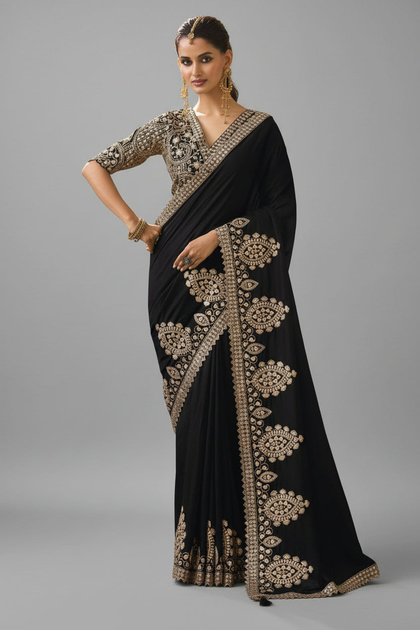 Black Silk Saree with Embroidery and Sequins Work