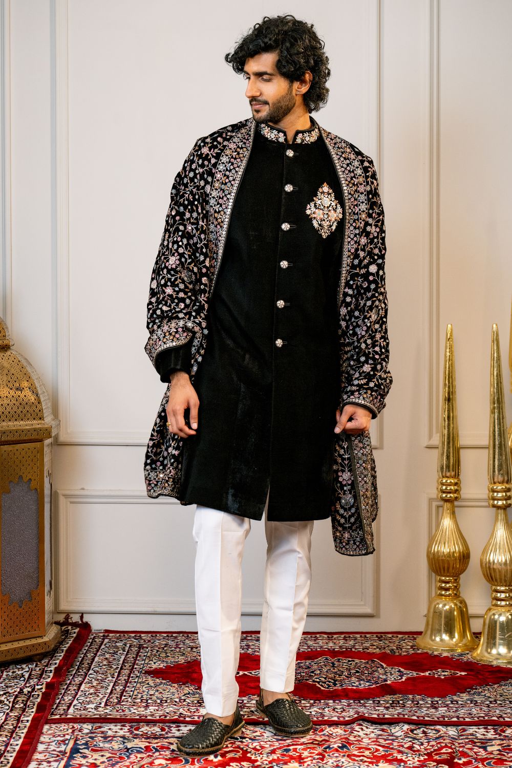 Black Soft Velvet Sherwani with Floral Embroidery