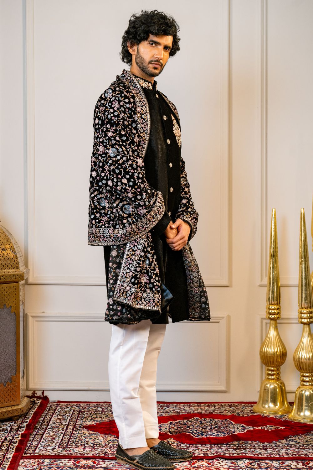 Black Soft Velvet Sherwani with Floral Embroidery