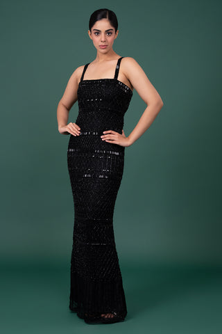 Black Strapless Mermaid Gown with Horizontal Sequin Banding and Lattice Beadwork