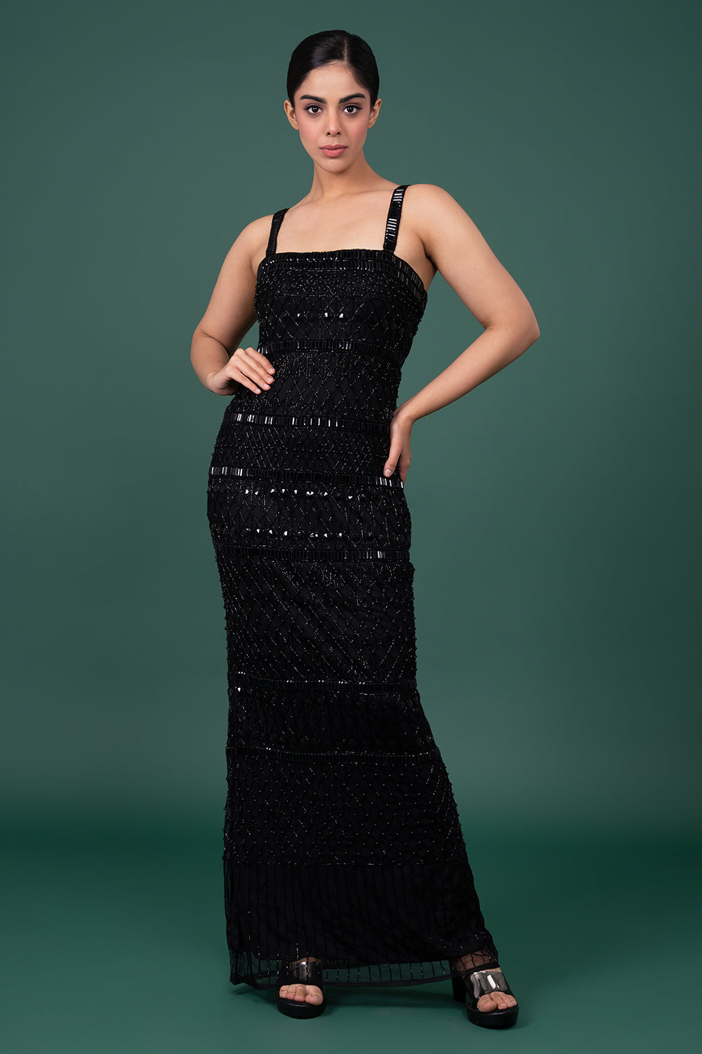 Black Strapless Mermaid Gown with Horizontal Sequin Banding and Lattice Beadwork