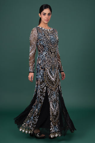 Black Tulle Gown With Intricate Multi-Color Pastel Floral Threadwork And White Beads