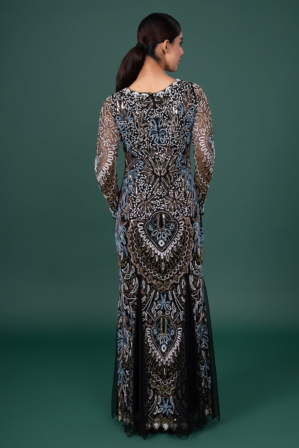 Black Tulle Gown With Intricate Multi-Color Pastel Floral Threadwork And White Beads