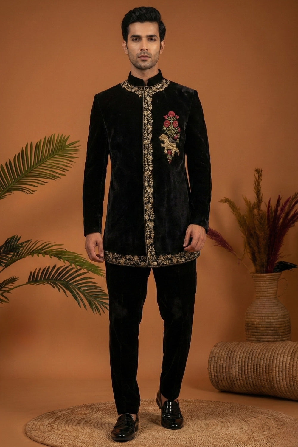 Black Velvet Jodhpuri Set with Embroidery and Zardosi