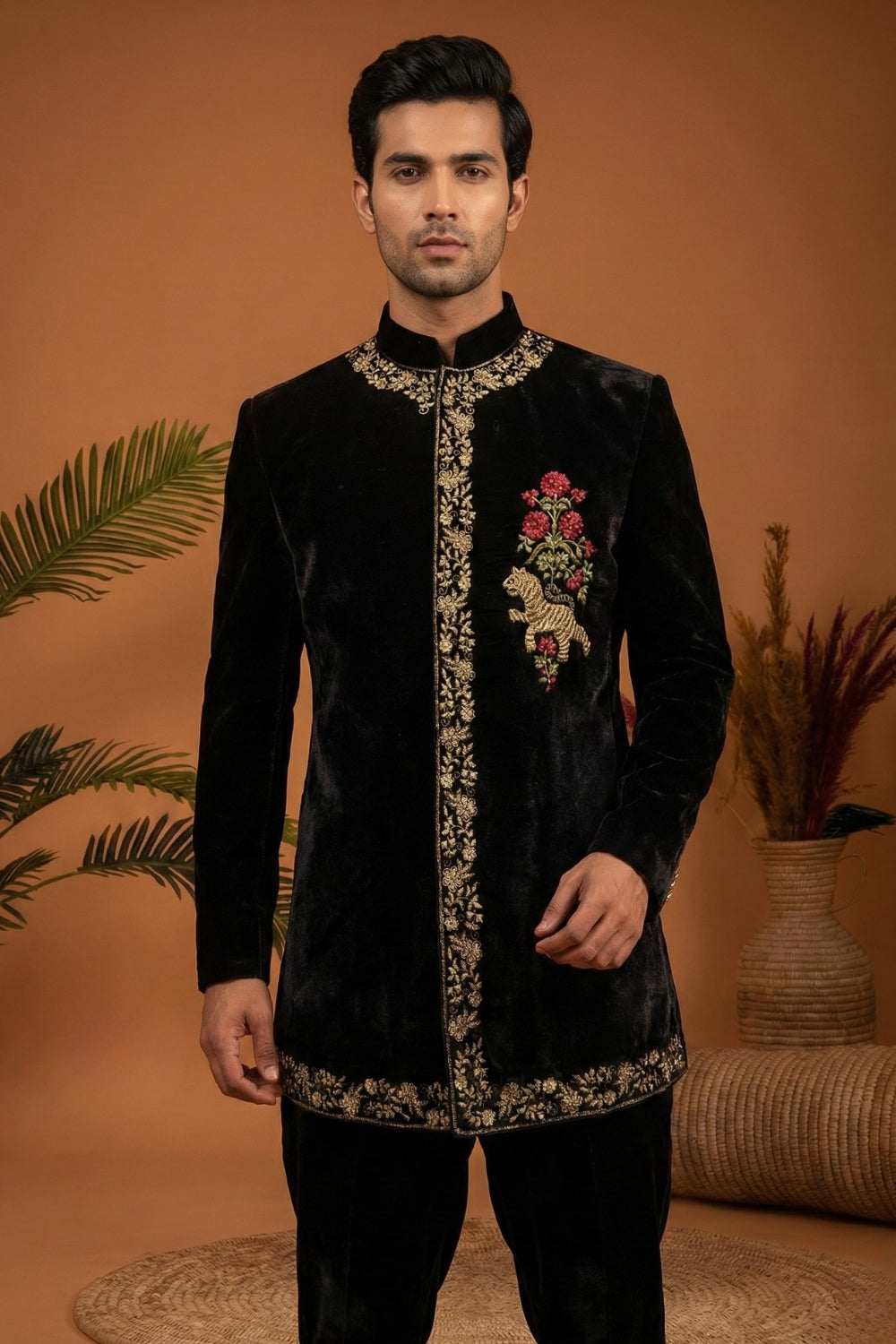 Black Velvet Jodhpuri Set with Embroidery and Zardosi