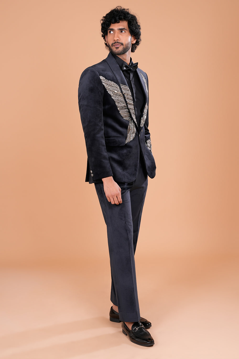 Black Velvet Tuxedo Set with Cut Dana & Salli Hand Embroidery