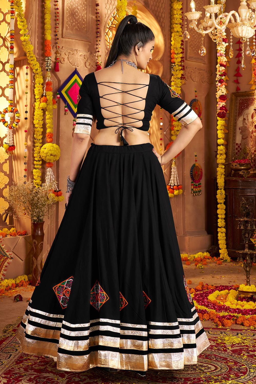 Black Viscose Rayon Navratri Lehenga Choli With Thread Embroidery Work