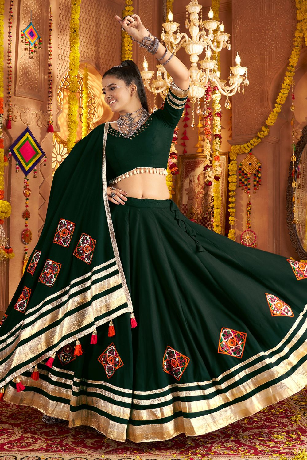 Green Viscose Rayon Navratri Lehenga Choli With Thread Embroidery Work