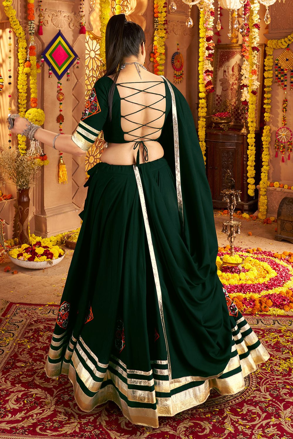 Green Viscose Rayon Navratri Lehenga Choli With Thread Embroidery Work
