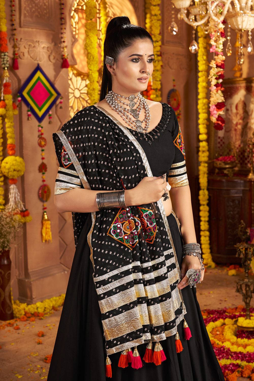Black Viscose Rayon Navratri Lehenga Choli With Thread Embroidery Work