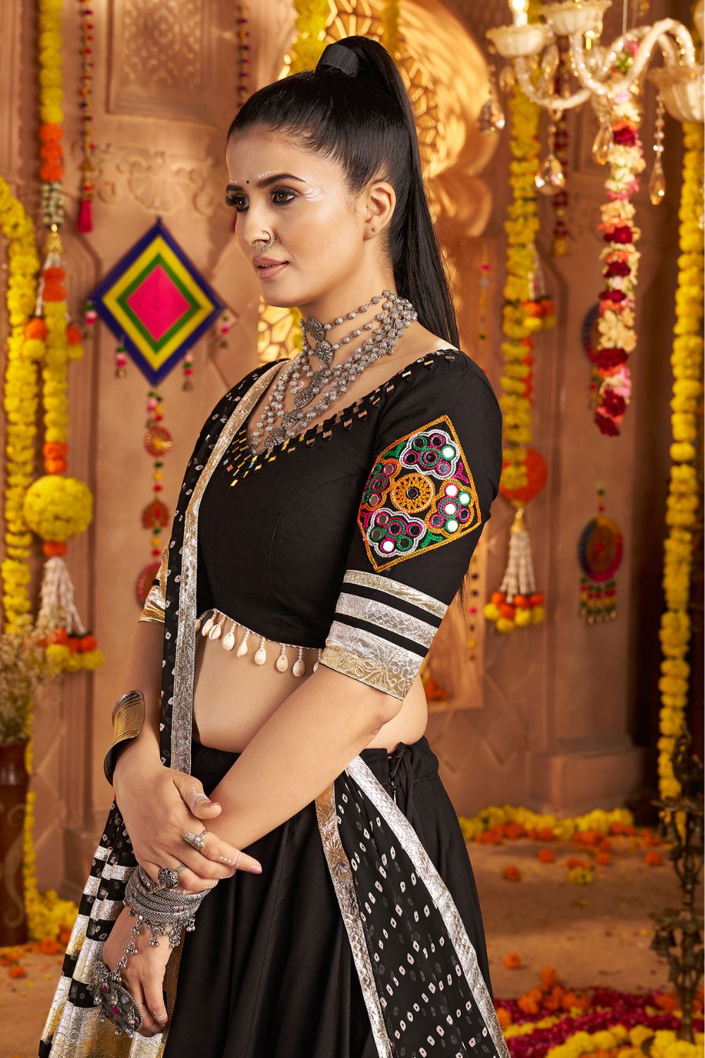 Black Viscose Rayon Navratri Lehenga Choli With Thread Embroidery Work