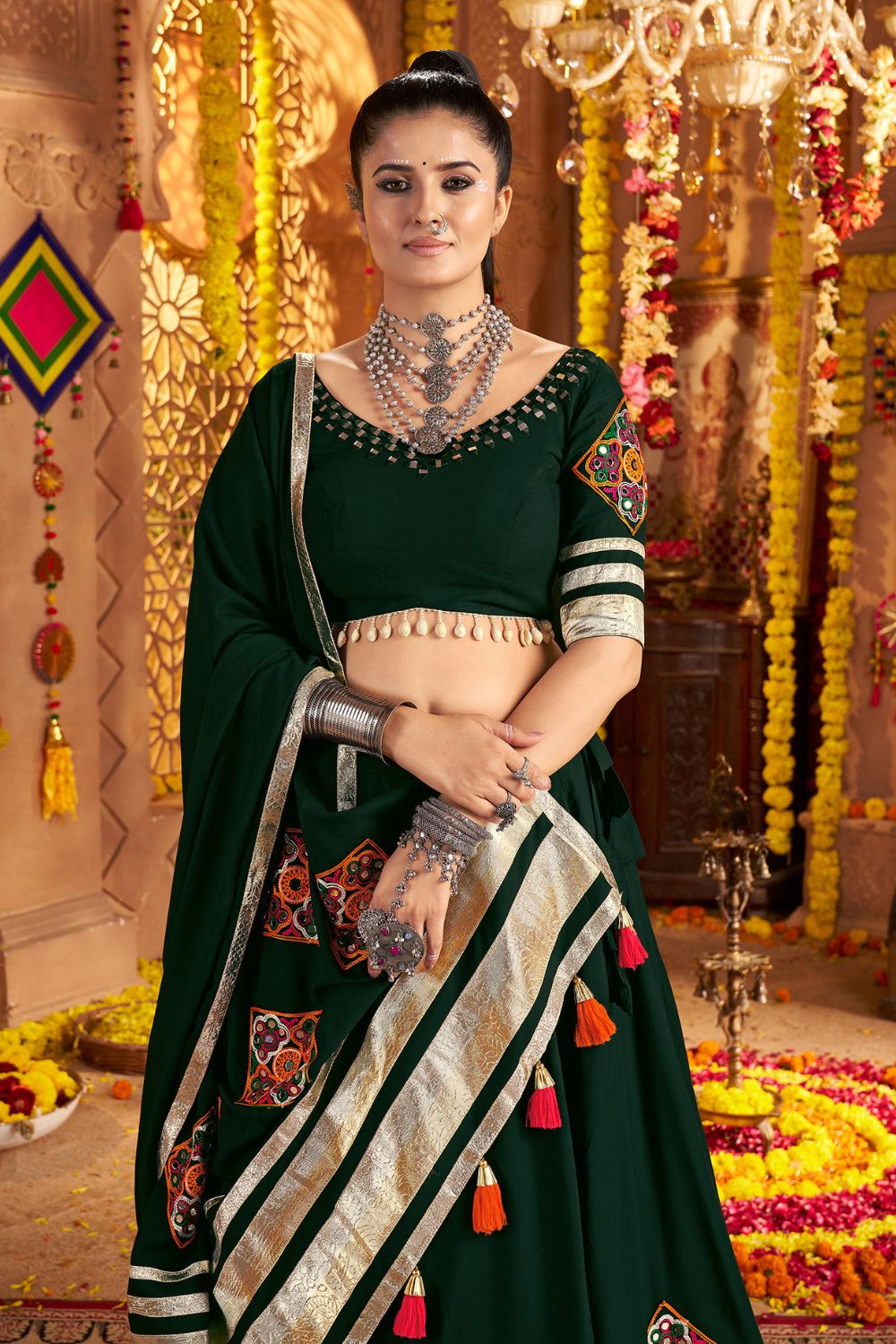 Green Viscose Rayon Navratri Lehenga Choli With Thread Embroidery Work