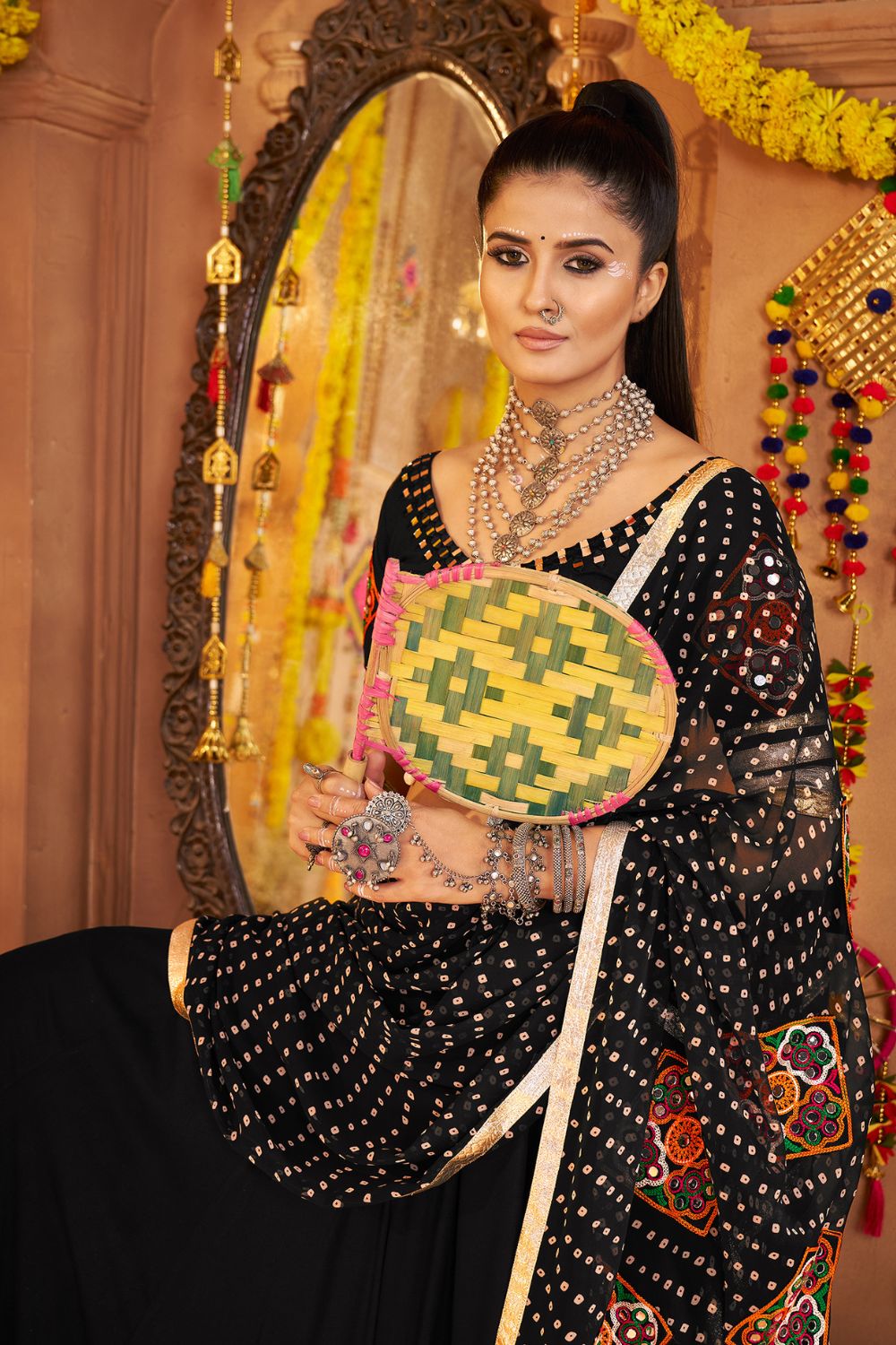 Black Viscose Rayon Navratri Lehenga Choli With Thread Embroidery Work