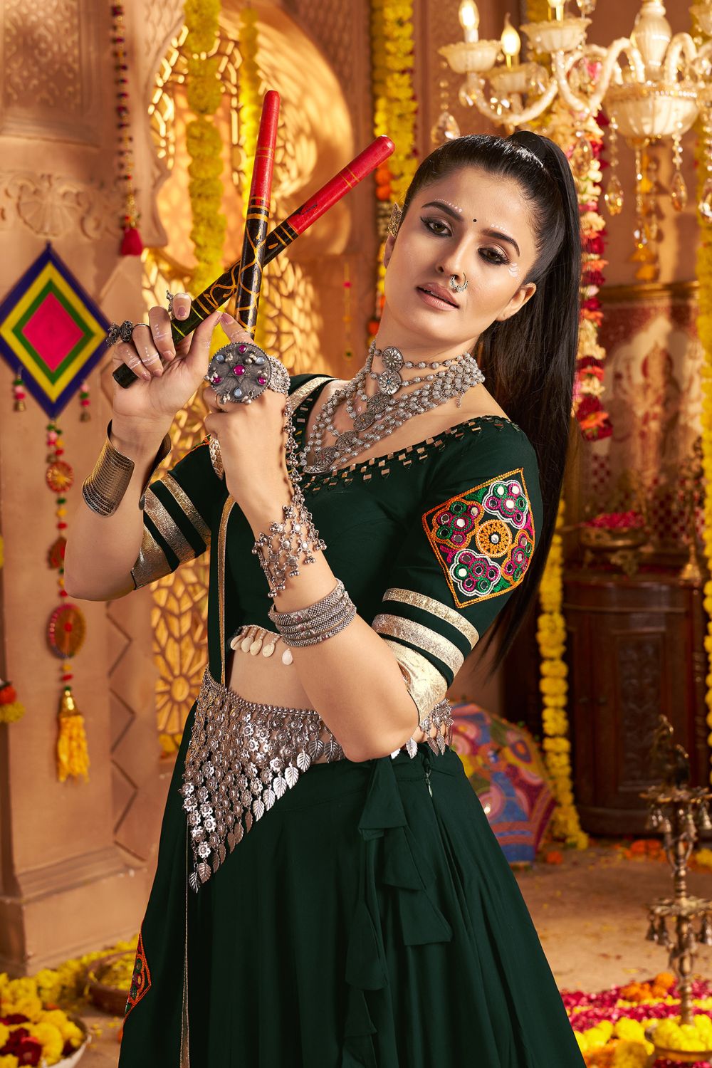 Green Viscose Rayon Navratri Lehenga Choli With Thread Embroidery Work