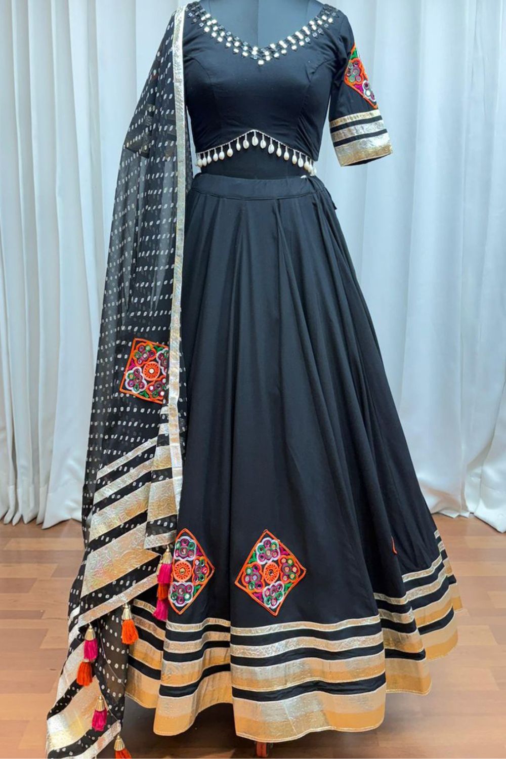 Black Viscose Rayon Navratri Lehenga Choli With Thread Embroidery Work