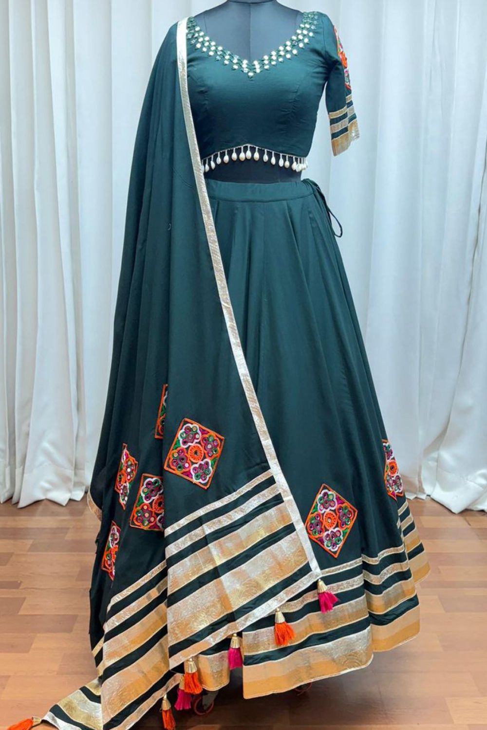 Green Viscose Rayon Navratri Lehenga Choli With Thread Embroidery Work