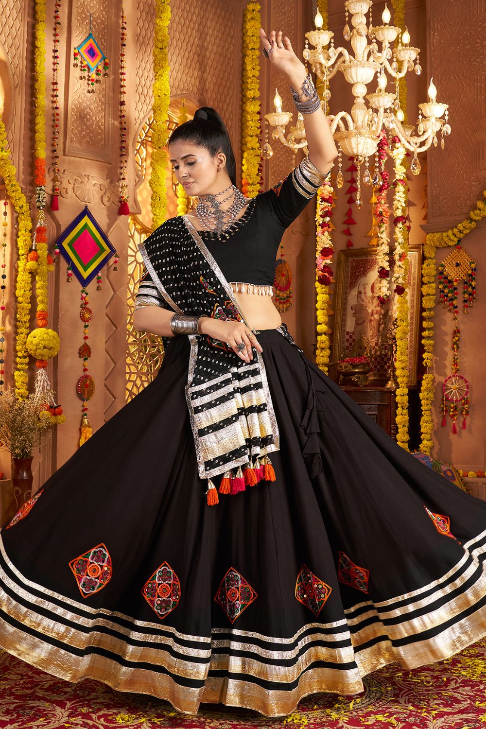 Black Viscose Rayon Navratri Lehenga Choli With Thread Embroidery Work