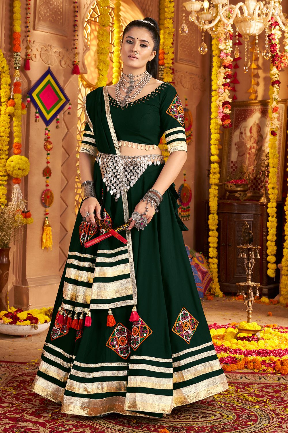 Green Viscose Rayon Navratri Lehenga Choli With Thread Embroidery Work