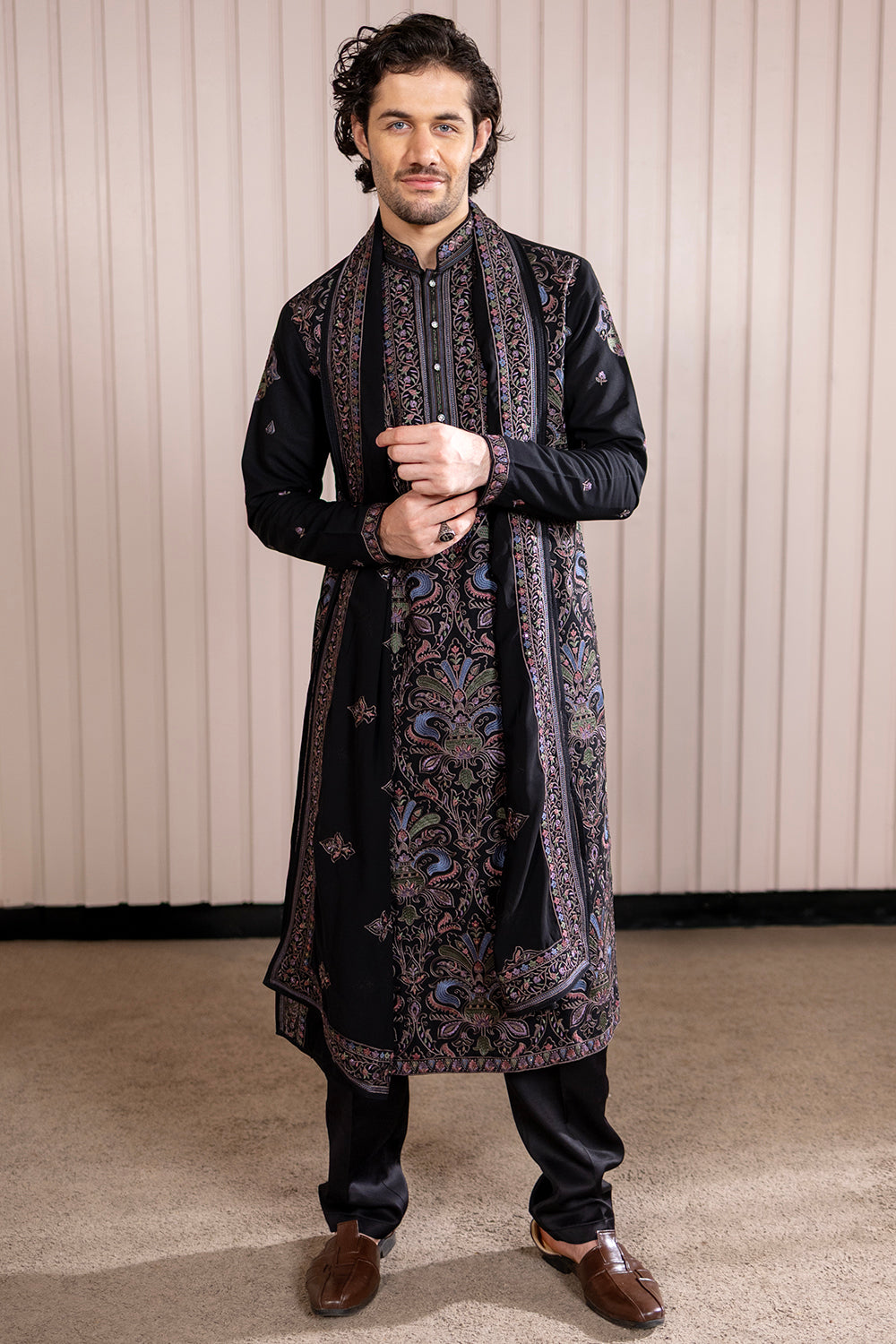 Black Silk-Wool Achkan with Multi-Colored Kashmiri Resham Embroidery