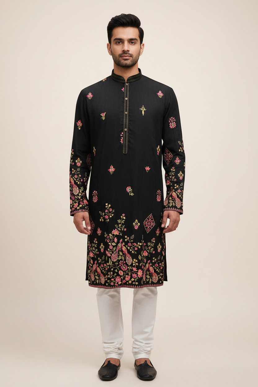 Silk Kurta Set with Resham Embroidery and Sequins Work