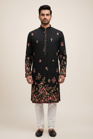 Silk Kurta Set With Resham Embroidery And Sequins Work