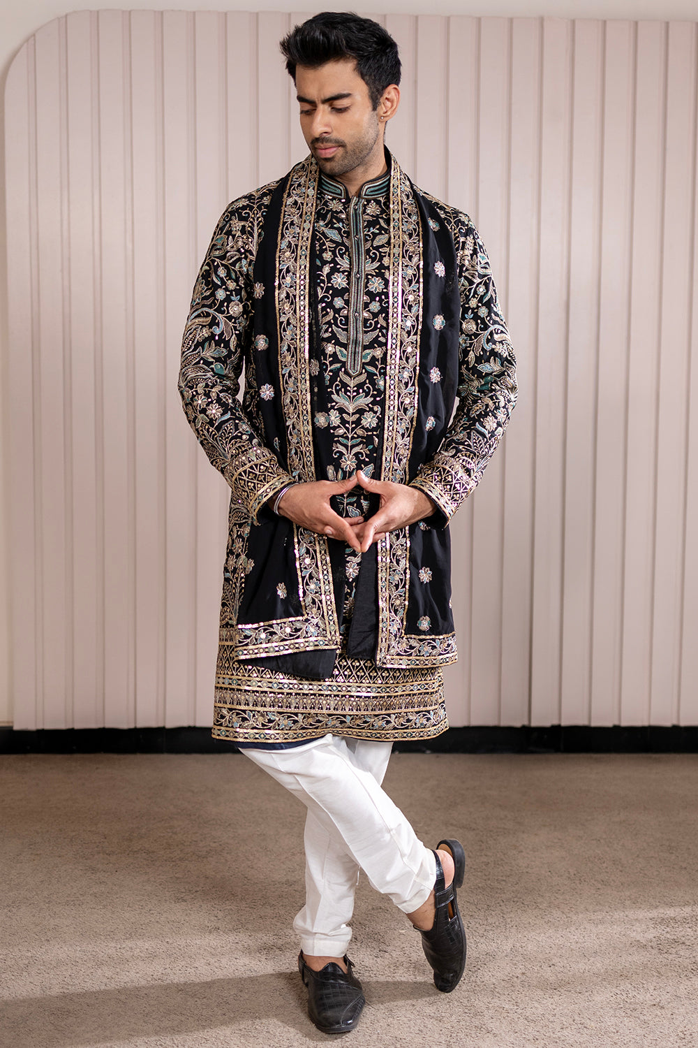 Black Velvet Jacket Sherwani with Silver Zardosi & Resham Floral Embroidery