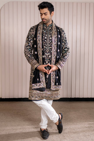 Black Velvet Kurta Set With Silver & Resham Floral Embroidery