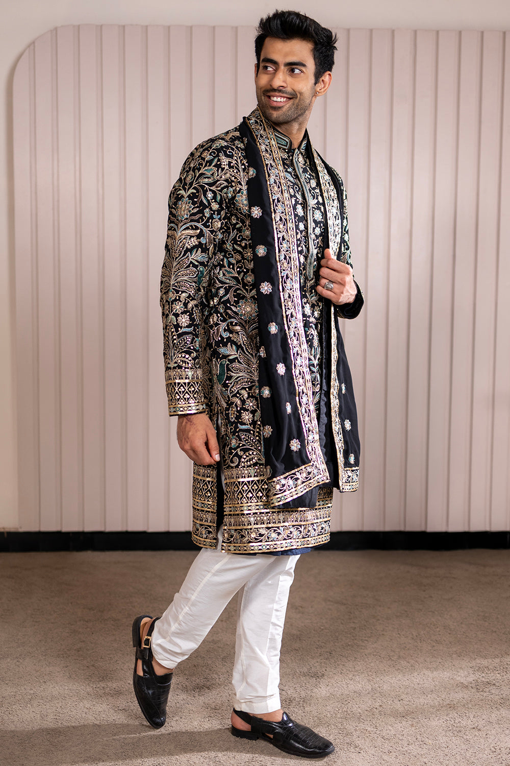 Black Velvet Jacket Sherwani with Silver Zardosi & Resham Floral Embroidery